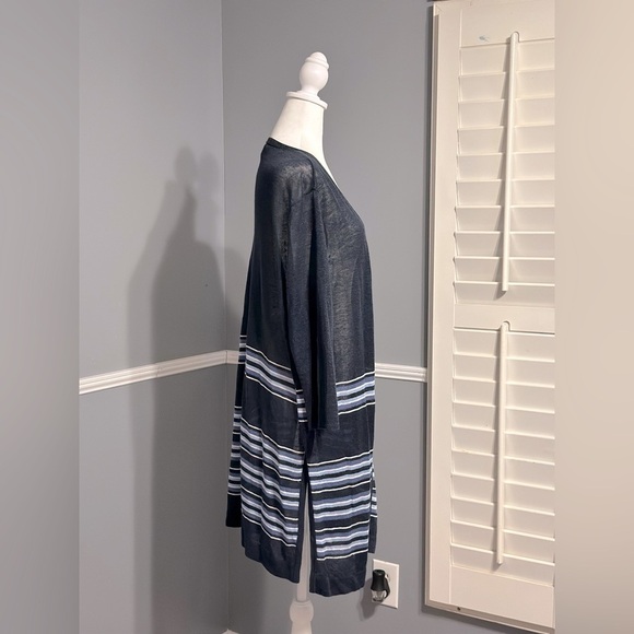 J. Jill Linen Blend Stripes Cardigan Sweater Topper Size XL Petite Navy & Blue - Picture 2 of 8